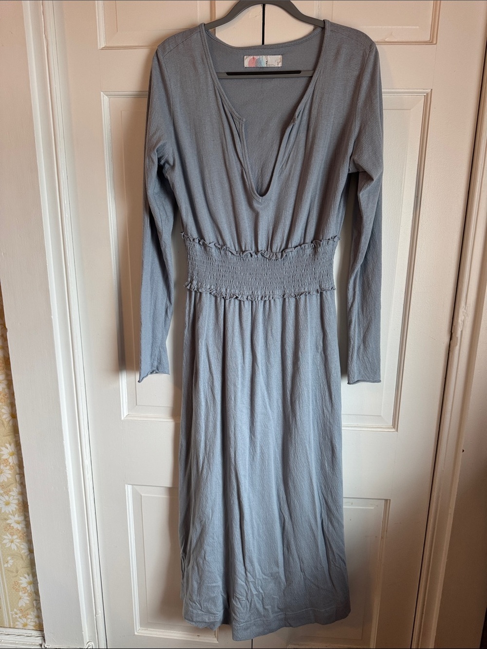 EUC Free People Beach Women Long Sleeve Smocked Waist Maxi Dress Blue Gray